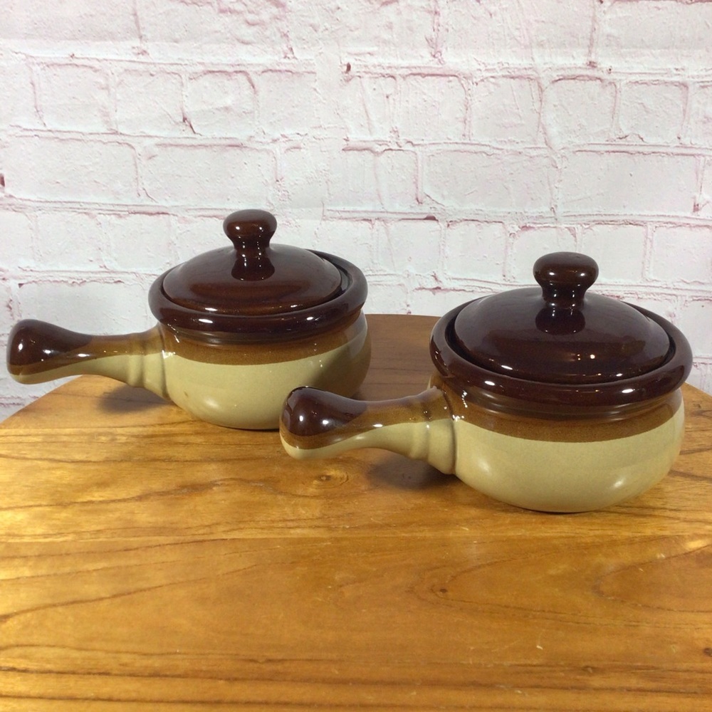 Vintage Soup Chowder Chili Handled Crock with Lid - Set of 2